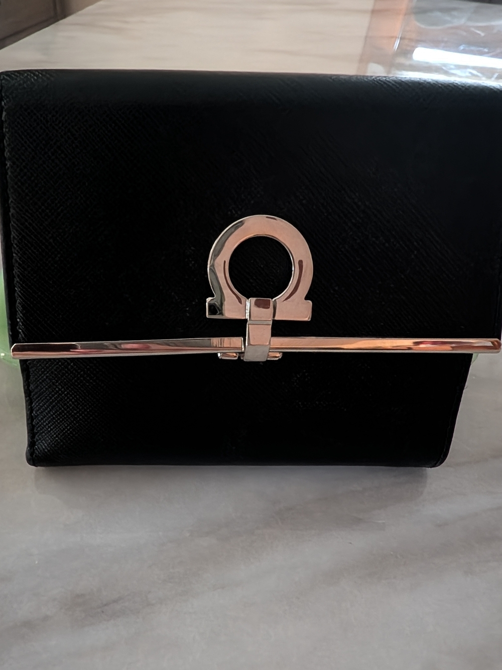 Salvatore Ferragamo Black Leather Wallet with Silver Logo Bar